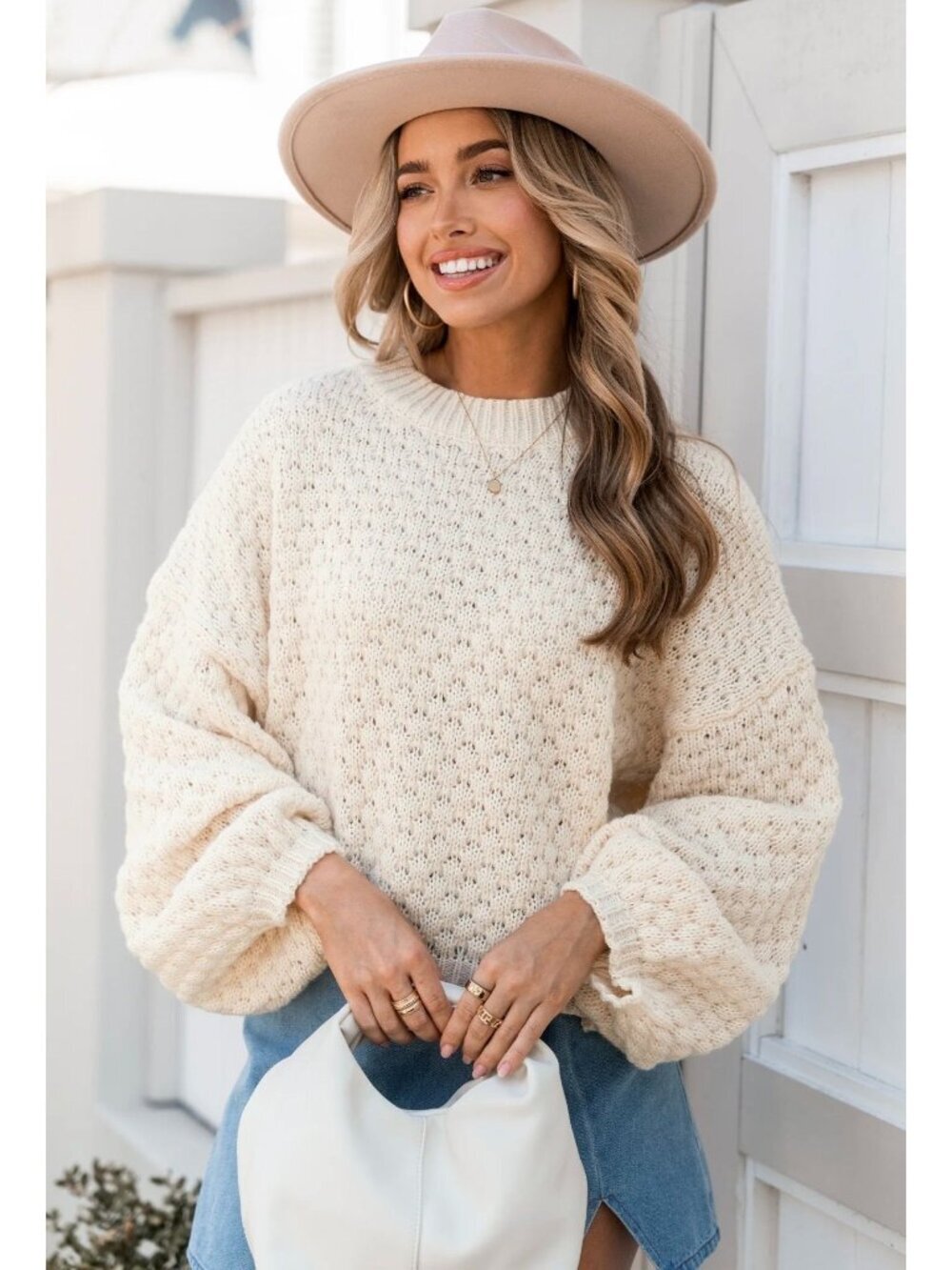 NWT Cupshe White Round Neck Drop Shoulder Puff Sleeve Sweater Size: Extra Large
